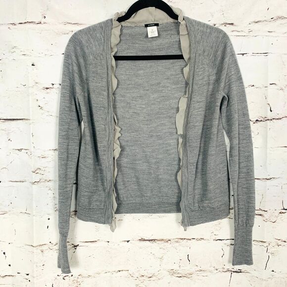J. Crew 100% Merino Wool 100% Silk Ruffle Trim Button Cardigan Women XS Gray - Picture 1 of 6